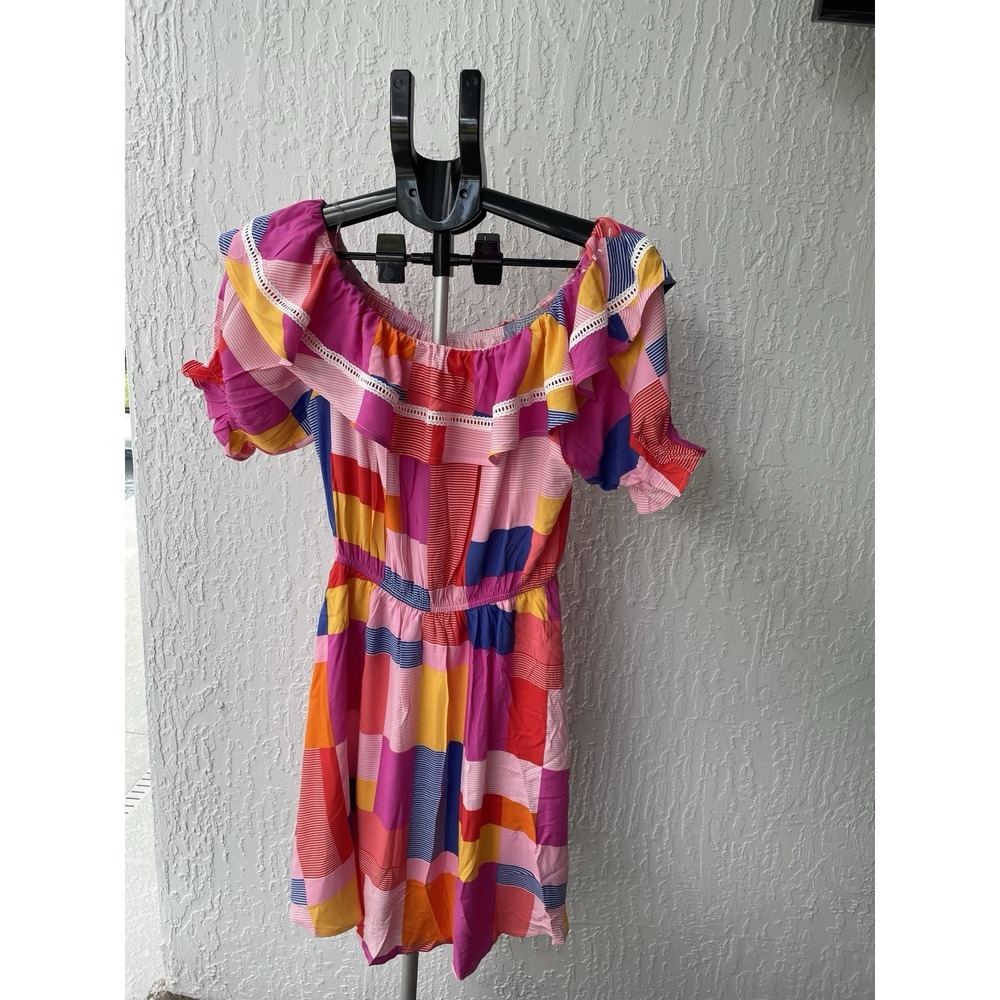 Emily Wonder Womens Multicolor Patchwork Off Shoulder Ruffle Mini Dress NWT